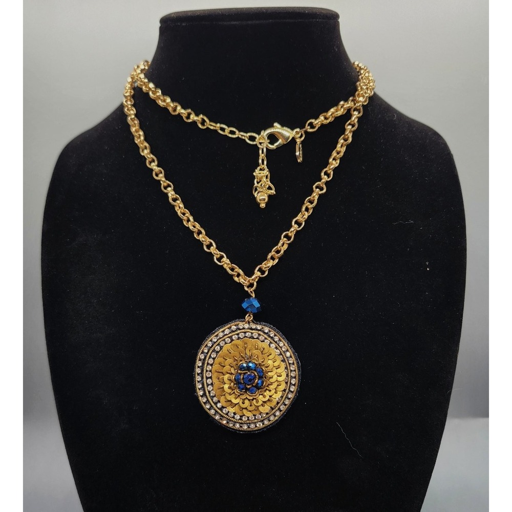 Chico's Statement Pendant Necklace Gold Tone Blue Sequin Rhinestone Flower Rolo